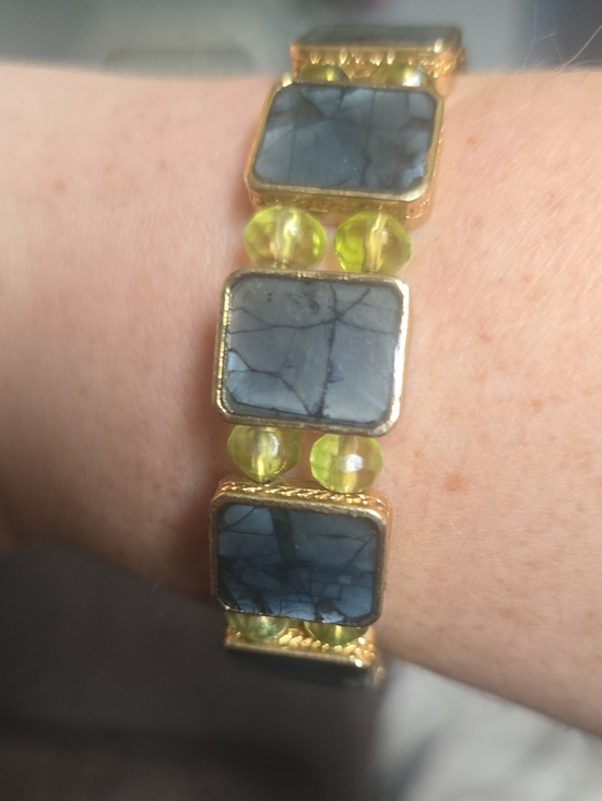 Jewelry - Vintage Gold-Tone Cuff Bracelet with Gray Marble Resin Squares and Lime Beads 💫